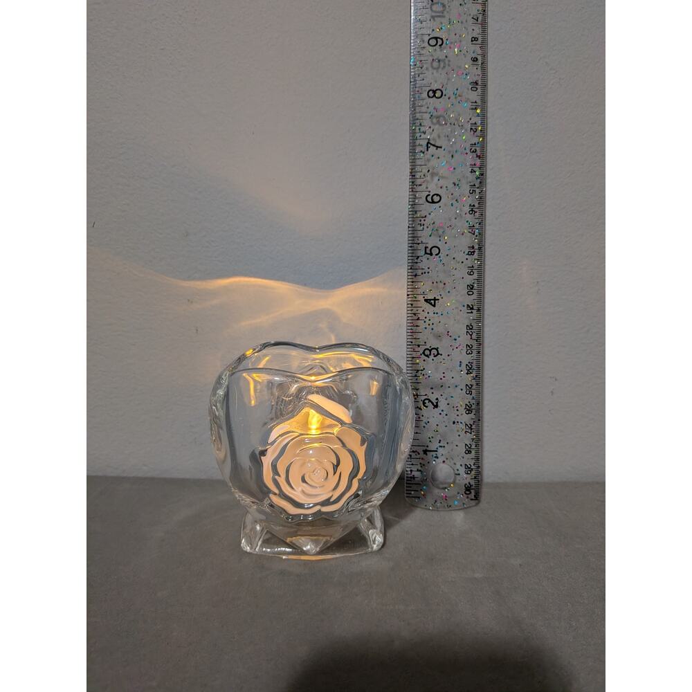 Partylite Rosehearts ~ Clear Glass Heart Shaped Candle Holder with Rose Pattern - Picture 5 of 10